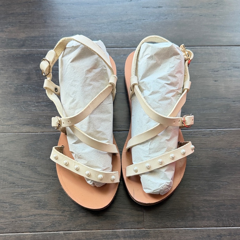 Ancient Greek Sandals Cream Pearl-Studded Kids Sandals